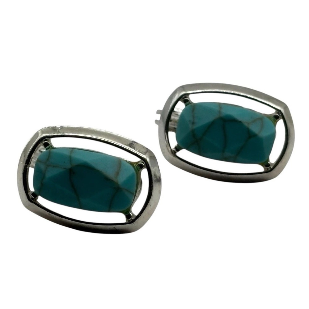 Faux Turquoise Clip On Earrings Silver Tone Vintage TJG The Jewelry Group Open